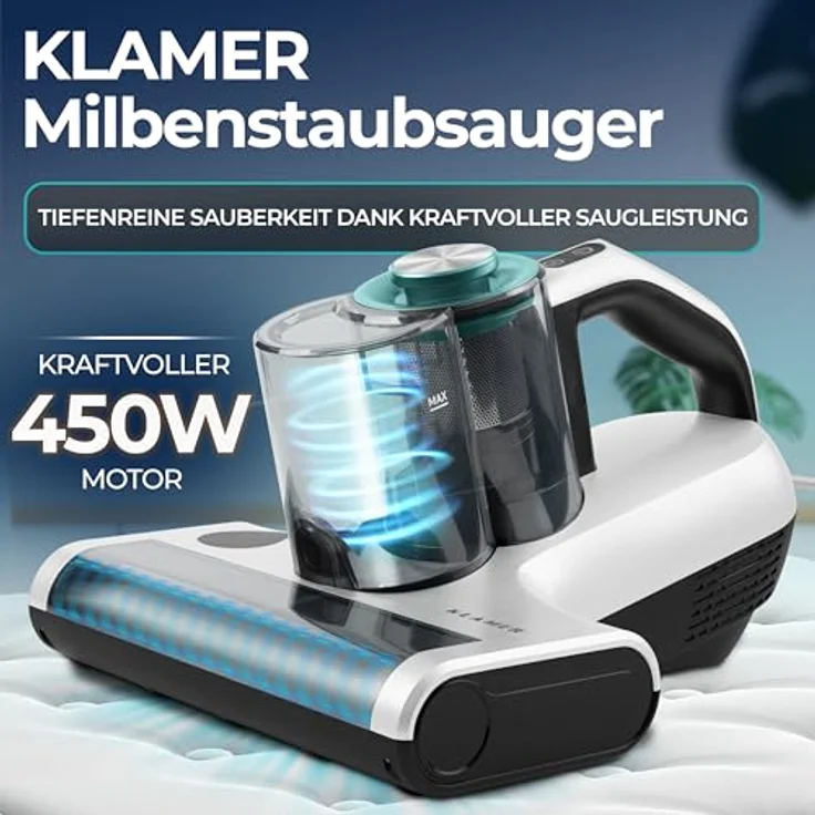 KLAMER Milbenstaubsauger UV-Licht, 18kPa & 450W, beutellos mit Milben-Sensor, Ultraschall, HEPA-Filter, entfernt 99,9% Milben und Allergene – Bild 2