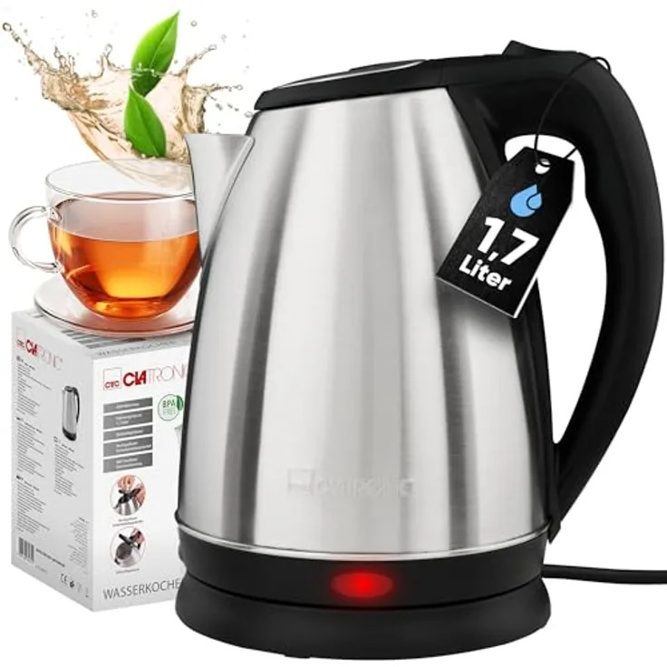 Clatronic WKS 3830, Wasserkocher Edelstahl 1,7 Liter, BPA-frei, 2200W, verdecktes Heizelement, Kabelaufwicklung