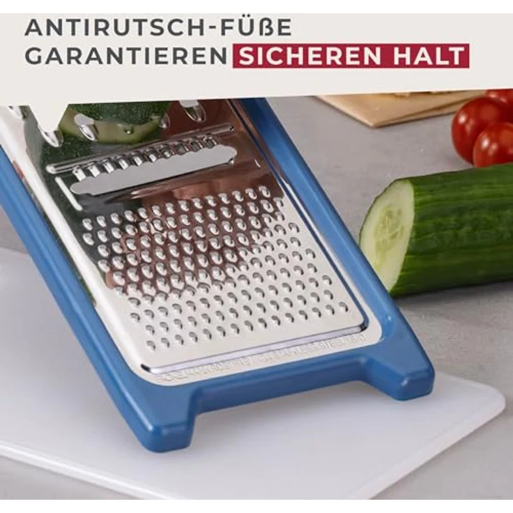 FACKELMANN Universalreibe Essential, Multifunktionale Küchenreibe mit 3 Reibeflächen, rostfreier Edelstahl, Antirutsch-Füße, dunkelblau/silber – Bild 5