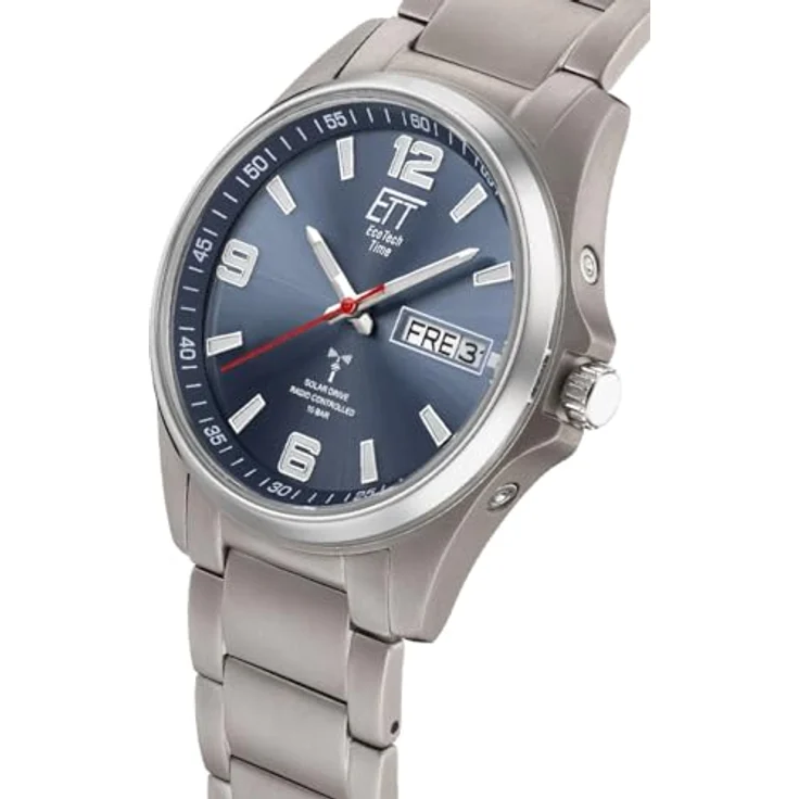 ETT Eco Tech Time EGT-11602-31M Herren Uhr, Solar Funkuhr aus Titan mit rotem Sekundenzeiger, Silbernes Titanarmband, blaues Ziffernblatt – Bild 2