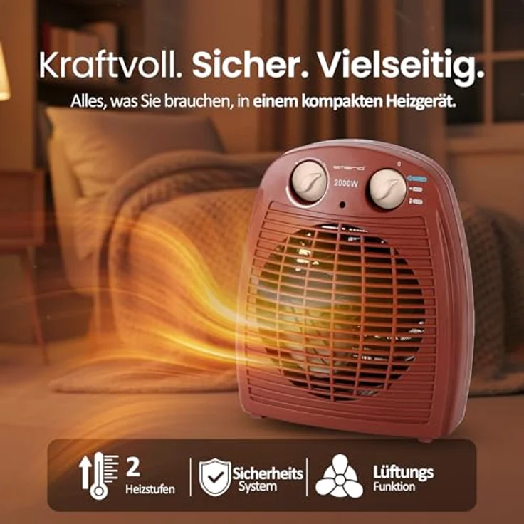 Emerio Heizlüfter FH-106737.13, 2000W für bis zu 25 m², 2 Heizstufen, Ventilationsfunktion, einstellbarer Thermostat, Kippschutz, Rot – Bild 4