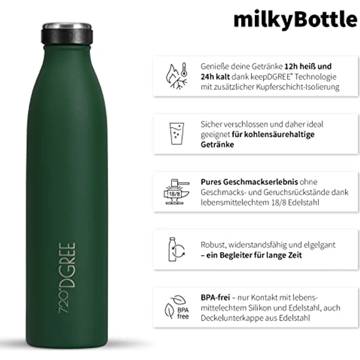 720°DGREE Edelstahl Trinkflasche “milkyBottle” 500ml, BPA-frei, auslaufsicher, für kohlensäurehaltige Getränke, für Kinder, Sport und Schule – Bild 2
