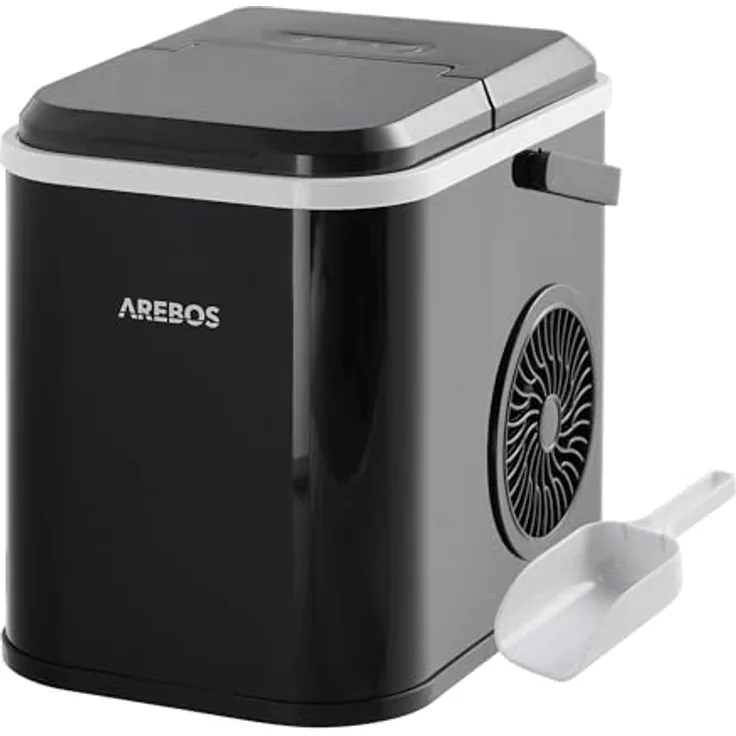 Arebos Eiswürfelmaschine | Ice Cube Maker | 12 kg / 24 h | 10-15 Minuten Produktionszeit | 1,1 Liter Wassertank | Eiswürfelbereiter | Leise | Selbstreinigungsfunktion | Schwarz