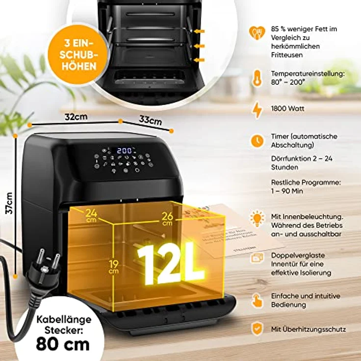 Stillstern Heißluftfritteuse 12L mit LED-Touchscreen, XXL Rezeptbuch auf Deutsch, 12 Programme, Vorheizen&Warmhalten, 1800W Heissluftfritteuse Air Fryer XXL ohne Öl Dörren Minibackofen Camping Grill – Bild 3