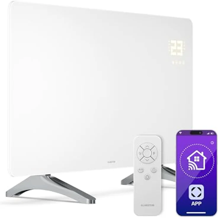 Klarstein Infrarotheizung 480W – Wandmontage & Standgerät, Thermostat, App-Steuerung, IP43, Überhitzungsschutz, Glas-Design, Weiß – Bild 1
