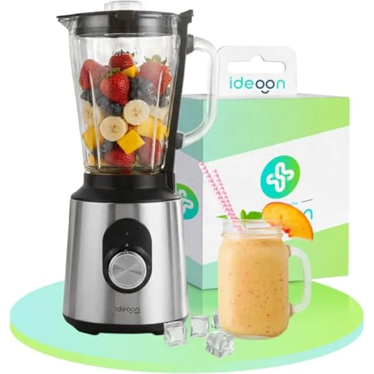 shop'n smile ideoon Standmixer Edelstahl 1000W mit 1,5L Glasbehälter, 2 Geschwindigkeitsstufen + Pulse, rutschfest, spülmaschinenfest, Silber/Schwarz – Bild 1