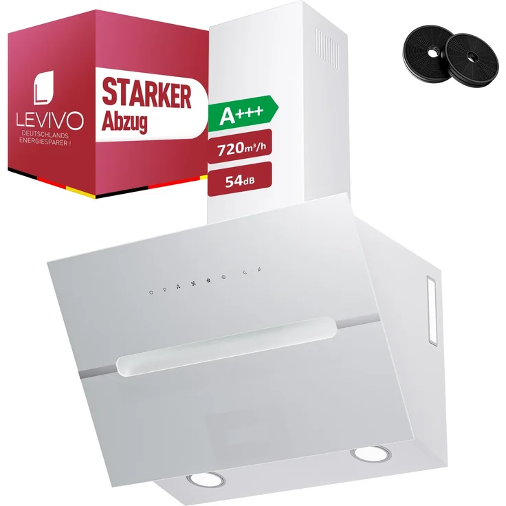 LEVIVO Kopffreie Dunstabzugshaube 60cm A+++ mit 720 m³/h Luftleistung, 3 Leistungsstufen, 2 Aktivkohlefiltern, Fettfilter und LED-Ambientebeleuchtung