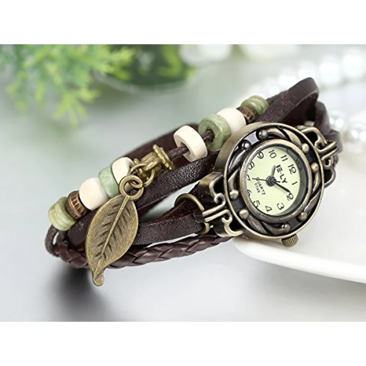 JewelryWe Damen Armbanduhr, Retro geflochtenes Lederarmband mit Quarzwerk und Baum Blatt Anhänger, Braun Bronze – Bild 2