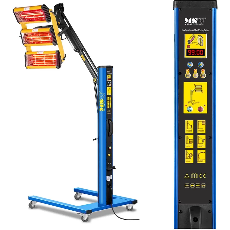 MSW Infrarotstrahler Lacktrockner Strahler Infrarotstrahler Heizstrahler Infrarot Lampe, 3300 W - Effektiver Lacktrockner für Kfz-Werkstätten, 3 Strahler, 1.100 Watt, digitales Display