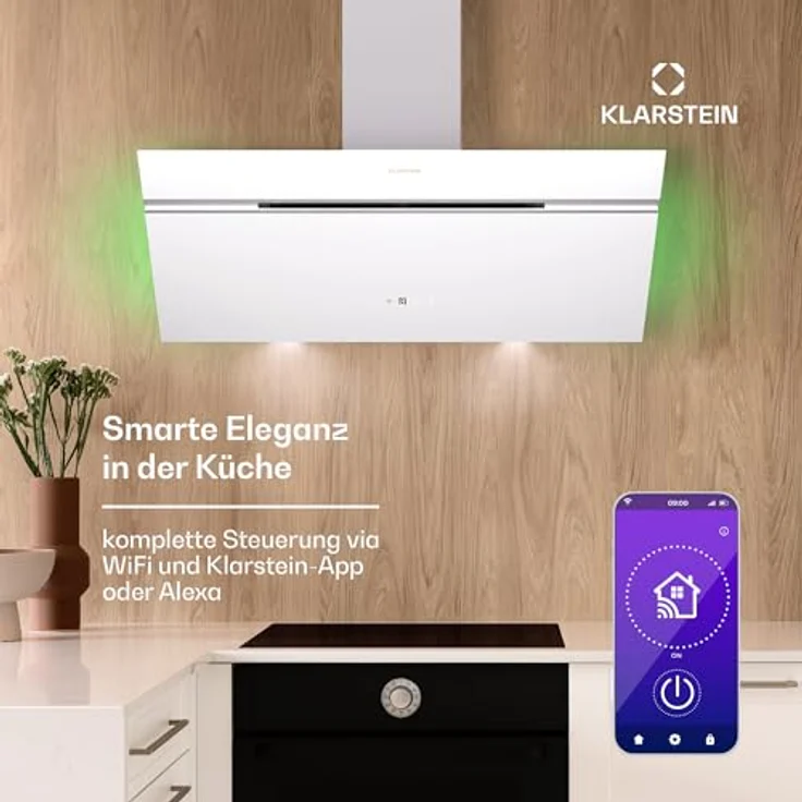 Klarstein Dunstabzugshaube 90cm, Abluft/Umluft mit Aktivkohlefilter & LED-Beleuchtung, 600m³/h Luftstrom, IoT/Wi-Fi, Leise Schräghaube, Dunstabzugshauben 90 cm – Bild 2