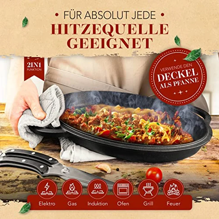 KRUSTENZAUBER 38cm Gusseisen Bräter mit Deckel backofengeeignet inkl. Geflügelschere - 9kg Gänsebräter - Idealer Topf XXL, Schmortopf Bratentopf, Induktion, Gusseisenpfanne – Bild 5