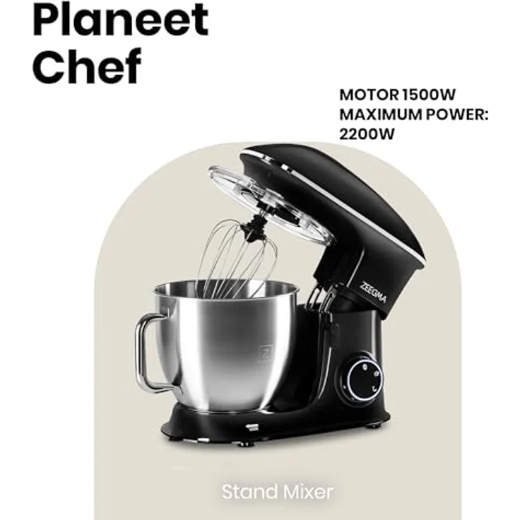ZEEGMA Planeet Chef Küchenmaschine, Knetmaschine 1500W, Multifunktionaler Roboter, Teigmaschine, Rührmaschine mit 6,5 L Edelstahl Schüssel, 6 Geschwindigkeiten, Teigknetmaschine inkl 3-Teiligem – Bild 2