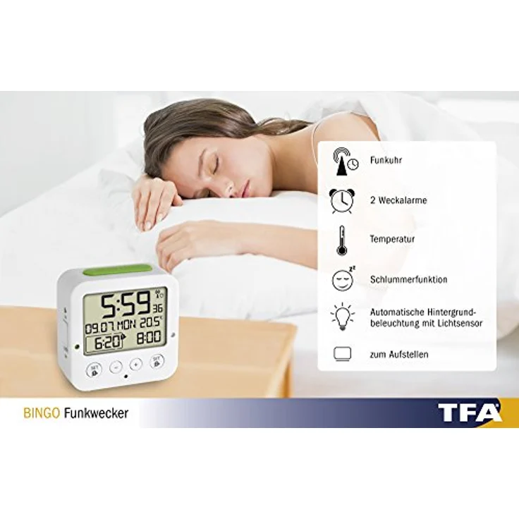 TFA Dostmann Funkwecker Bingo TFA 60.2528 digitaler Reisewecker, mit Funkuhr, 2 Weckalarmen und automatischer Hintergrundbeleuchtung, schwarz – Bild 7
