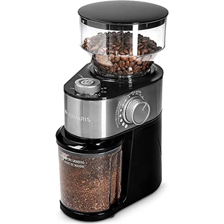 Navaris Elektrische Kaffeemühle mit Edelstahl Scheibenmahlwerk - 200W - für bis zu 14 Tassen Kaffee - 18 Mahlgrade - Kaffee Mühle Metallic Silber – Bild 1