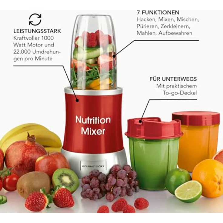 GOURMETmaxx Nutrition Mixer Deluxe 10-teiliges Set für Smoothies & Co. | 22.000 Umdrehungen für extra vitaminreiche Smoothies aus Obst & Gemüse | Inklusive 3 Bechern, To-Go Deckel, Rezepten und mehr – Bild 5