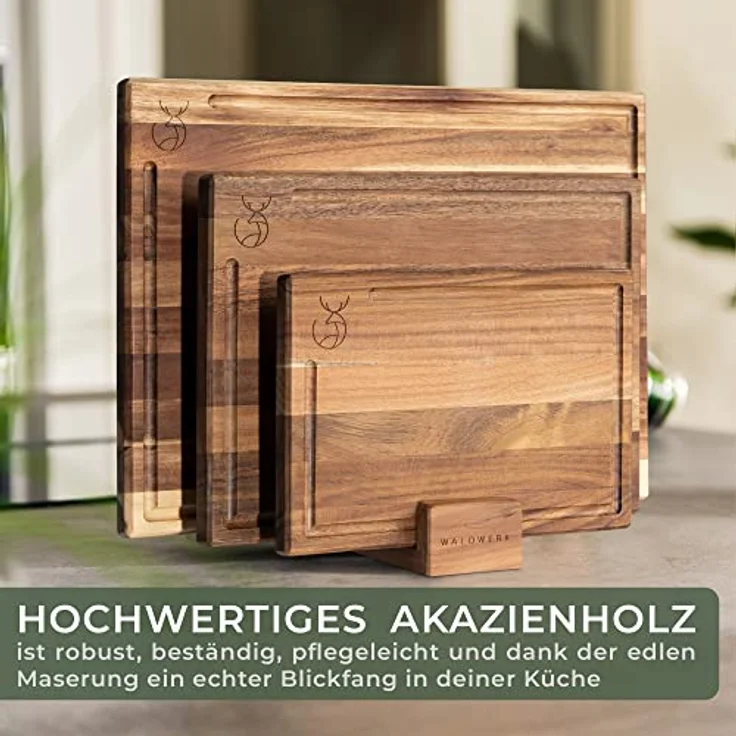 WALDWERK Schneidebrett 3er Set aus massiver Akazie mit Saftrille und Brettständer - Design Schneidebrett Set – Bild 2