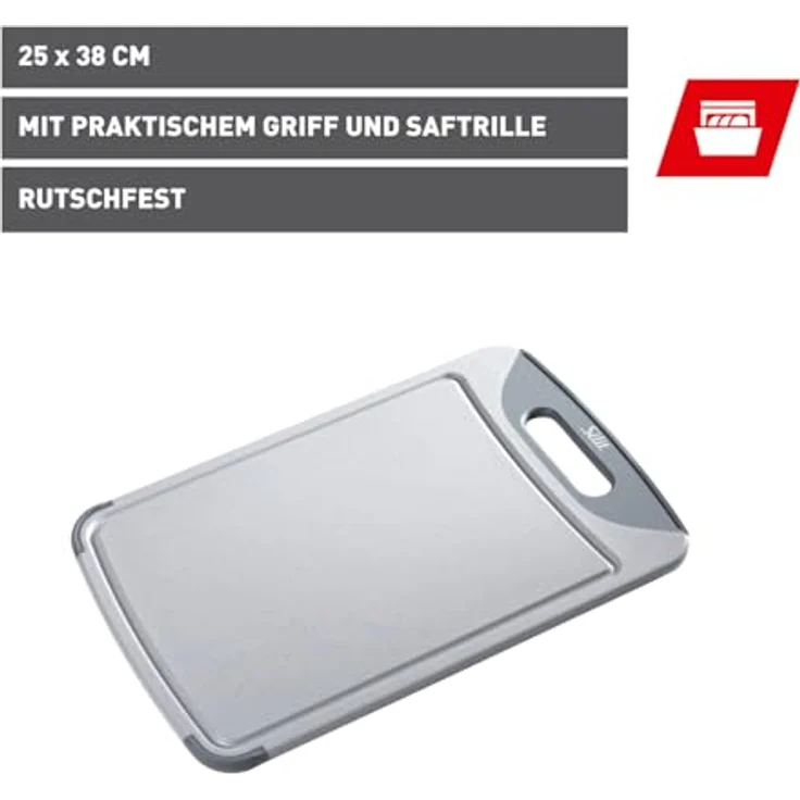 Silit Schneidebrett, 38 x 25 cm rechteckig, Kunststoff, Tranchierbrett mit Saftrillen, praktischer Griff, spülmaschinengeeignet, klingenschonend – Bild 3