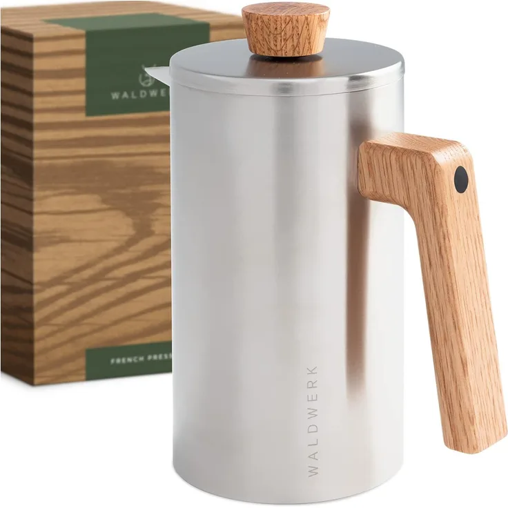 Waldwerk French Press Kanne Kaffeebereiter aus doppelwandigem Edelstahl mit Eichenholz Holzgriff, 1l Kaffeekanne, plastikfreier Kaffeezubereiter