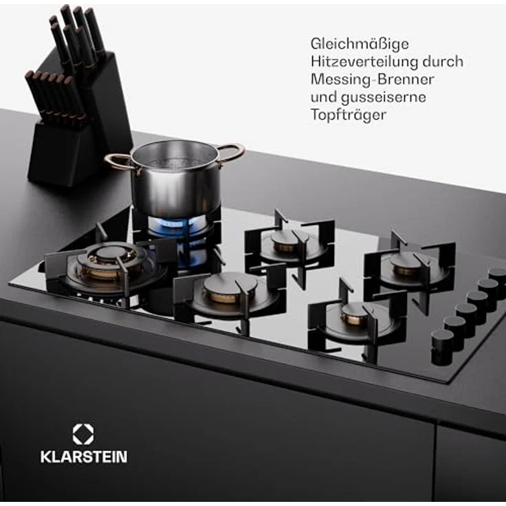 Klarstein Gas-Kochfeld CP11-Goldfl-6BK-S.C, Einbau-Gaskocher 6 Zonen Glaskeramik - Edelstahl-Gaskocher, Snapjet-Brenner, LPG Gas Herd, 12200 Watt - Goldflame – Bild 4