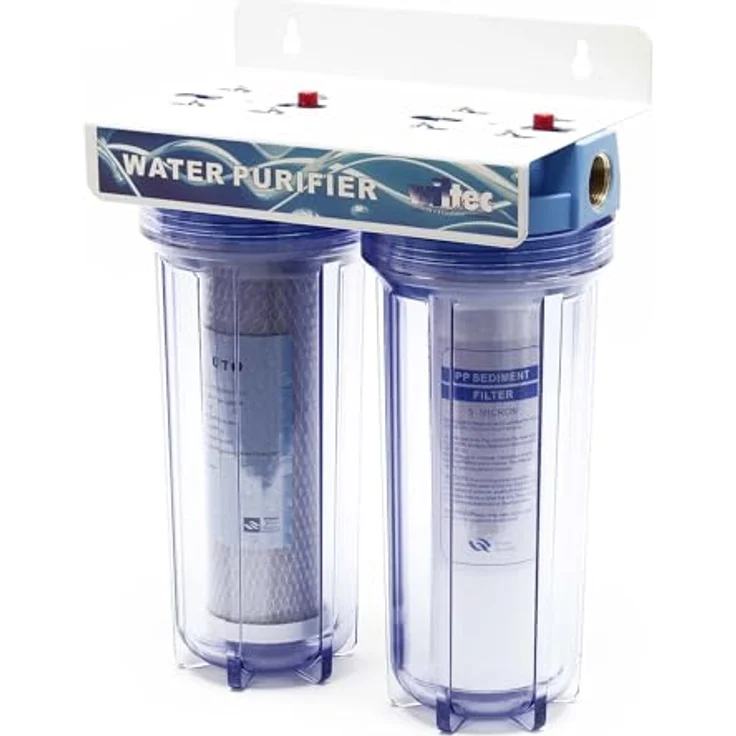 Naturewater NW-PR102 2 Stufen Wasserfilter Doppelfilter, 5 µ, 26,16 mm (3/4"), Ø62 mm PP Kartusche, Filter Wandhalterung, Filterschlüssel, Sedimentfilter Aktivkohleblock, blau – Bild 3