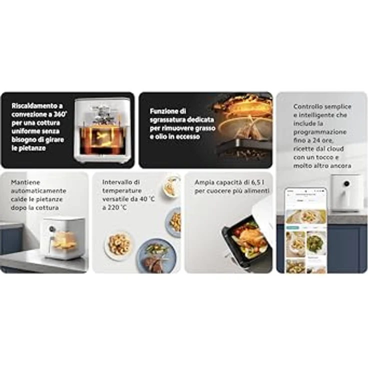 Xiaomi Smart Air Fryer 6.5L Luftfritteuse, 6,5 l, 1800 W, 100 Rezepte, OLED-Display, einstellbare Temperatur 40 °C - 220 °C, gleichmäßiges Garen 360 °, Schwarz – Bild 2