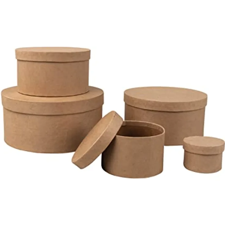 Rayher Pappmaché Boxen mit Deckel, Set 5-teilig, Pappboxen, Geschenkboxen 5er-Set, rund, 5 – 15 cm ø, Schachteln, braun, aus Karton, FSC zertifiziert, Aufbewahrungsboxen, 67382000