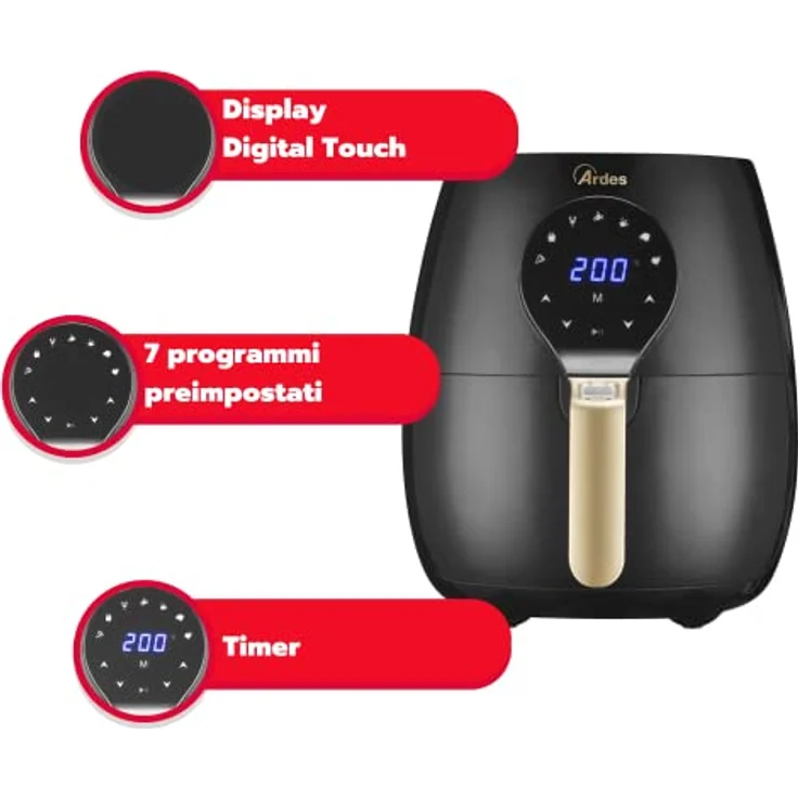 ARDES - Heißluftfritteuse 5 Liter Fassungsvermögen Air Fryer Maxi mit Digitalanzeige und 60-Minuten-Timer Höchsttemperatur 200 °C Modell Eldorada Maxi AR1K33 – Bild 2