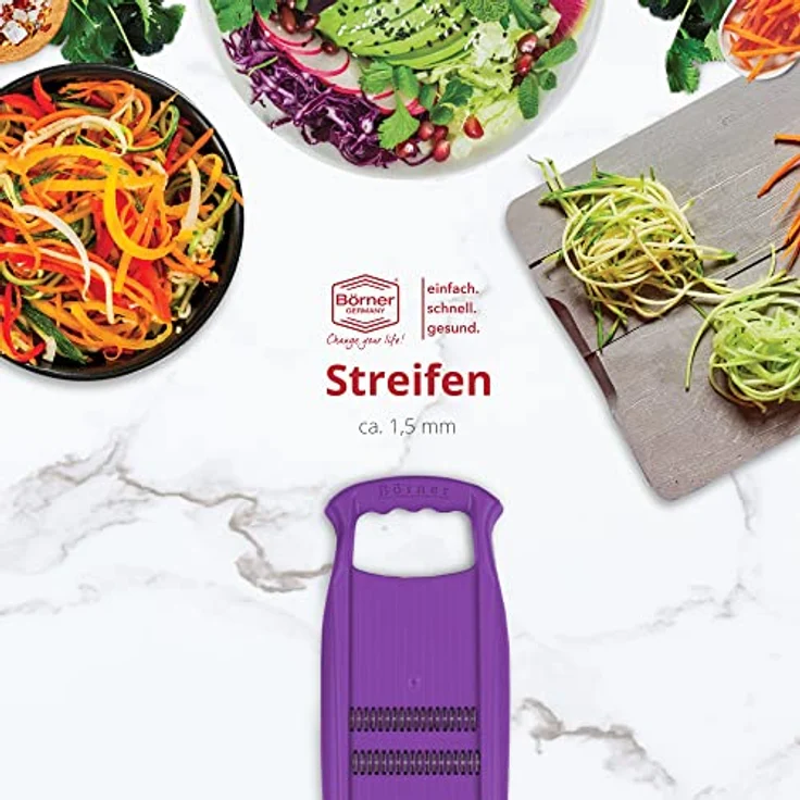Börner Roko PowerLine Gemüseschneider • Streifenschneider für Obst & Gemüse • Julienne Schneider für feine Streifen • Gemüsehobel fein • Küchenhobel (Violett) – Bild 4