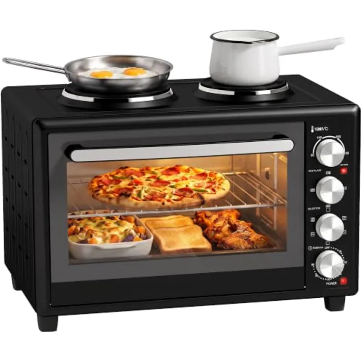 HOMCOM Minibackofen mit Umluft und 2 Kochplatten, 36L, 90-230℃, 60-Min.-Timer, Schwarz