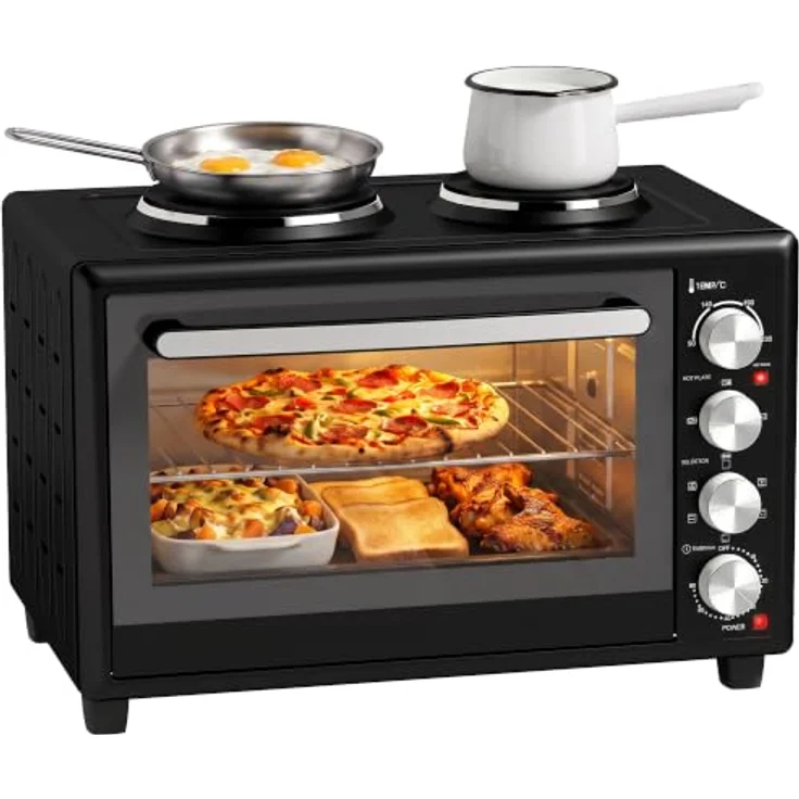 HOMCOM Minibackofen mit Umluft und 2 Kochplatten, 36L, 90-230℃, 60-Min.-Timer, Schwarz – Bild 1