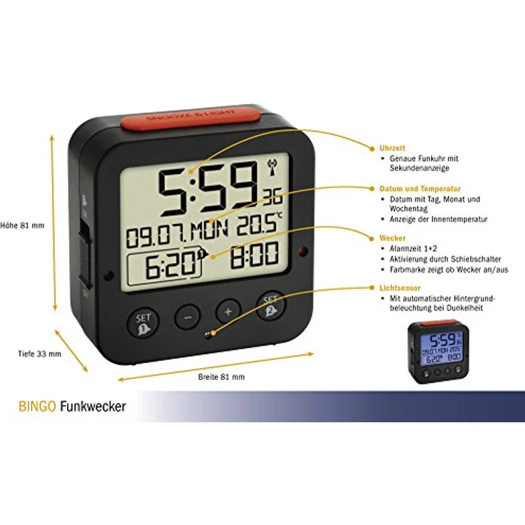 TFA Dostmann Bingo Funk-Wecker, mit autom. Hintergrundbeleuchtung, 60.2528.01, Datum, Temperaturanzeige und zwei Weckzeiten, schwarz/rot,L 81 x B 33 x H 81 mm – Bild 2