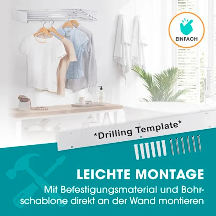 EASYmaxx Wandtrockner platzsparend ausziehbar, Edelstahl Wäscheständer zur Wandmontage, 80 cm Wandwäscheständer kompakter Wäschetrockner zum ausfahren, Flacher Wandwäschetrocker mit 4 m Trockenlänge – Bild 4