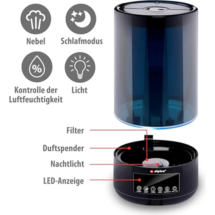 alpina Luftbefeuchter 4.3L, Humidifier mit Aroma Diffuser für Ätherische Öle, 3 Nebelstufen, Timer, Elektrische Duftlampe, Schwarz – Bild 4