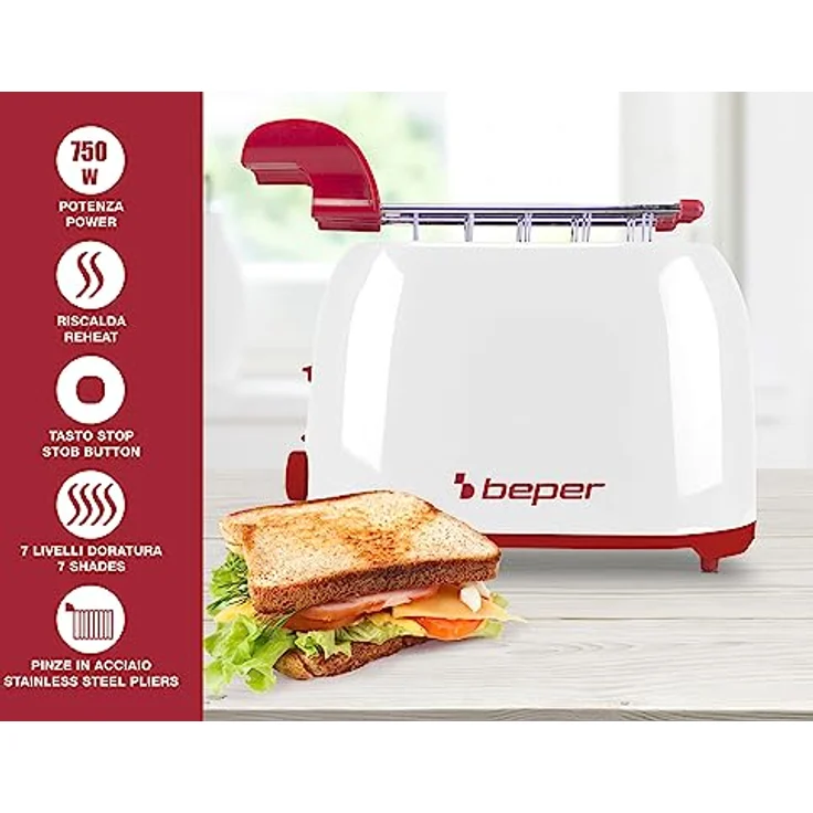 BEPER P101TOS100 Toaster mit Edelstahlzange, 7 Bräunungsstufen, Krümelschublade, 2 breite Schlitze – Bild 2