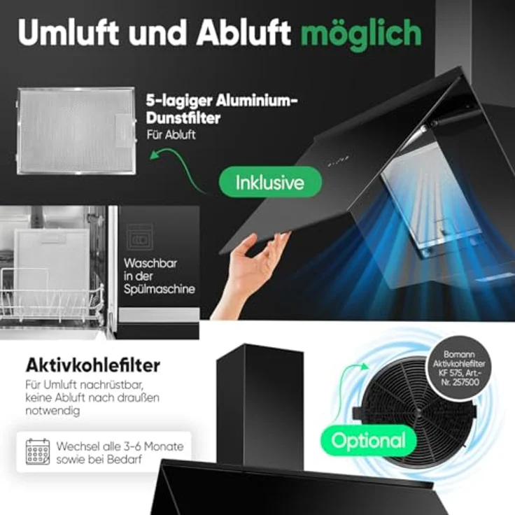 Bomann® Dunstabzugshaube DU 7612, 80 cm breite Kopffreihaube, Umluft- und Abluftbetrieb, 520 m³/h, inklusive Montage-Material, schwarze Oberfläche, 3 Leistungsstufen – Bild 3