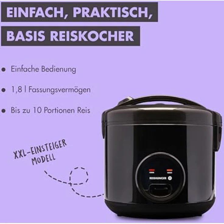 Reishunger REISHUNGER Basis Reiskocher Starter Set, Großer Basis Reiskocher schwarz Keramik, Reiswaschschüssel Edelstahl (Schwarz), 8-teiliges Reisset, 1,8l Fassungsvermögen, automatischer Warmhaltemodus – Bild 3