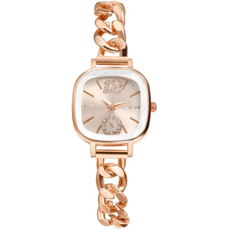 JewelryWe Kleine Quadratische Damenuhr, Glitzer Zirkonia, Analog Quarz, Rosegold mit Kubanischem Edelstahlarmband und Eckigem Zifferblatt – Bild 1