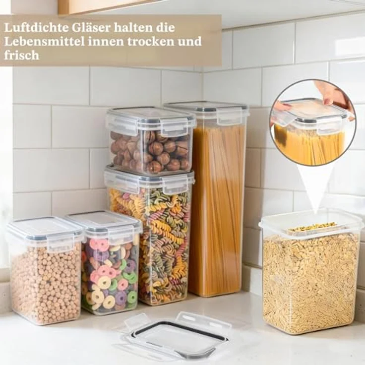 GoMaihe Vorratsdosen 16 Set, Luftdichte Kunststoff-Aufbewahrungsboxen mit Deckel, 1,7L, 1,25L, 0,75L, für trockene Lebensmittel wie Müsli und Mehl – Bild 4