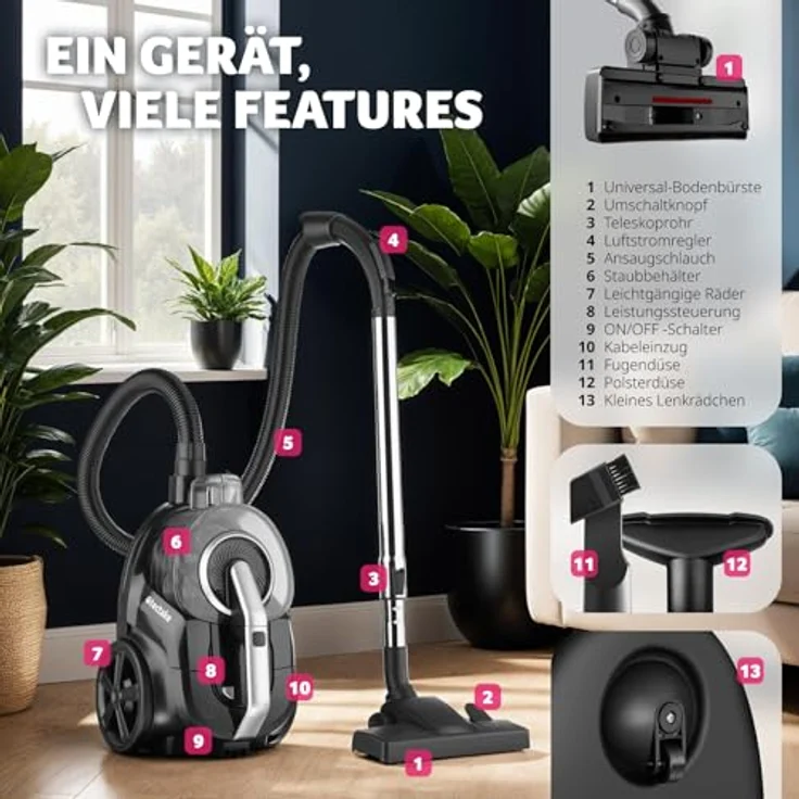 tectake® Staubsauger beutellos, VC900, 900 W, Stark, Tierhaarstaubsauger mit HEPA-Filter, Teleskopstange, Easy Clean, für Teppich und Hartboden – Bild 3
