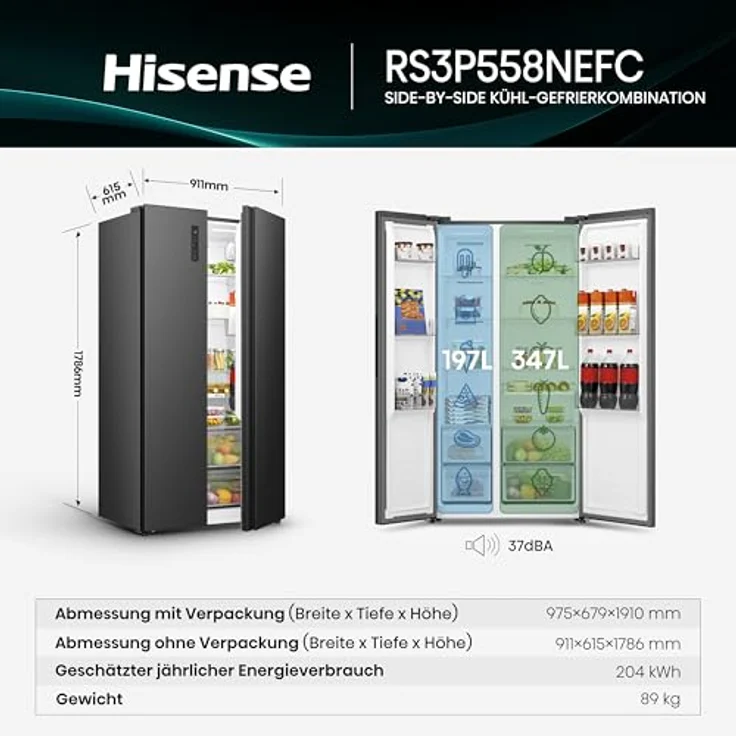 Hisense RS3P558NEFC, Side-by-Side Kühl-/Gefrierkombination mit 544 Litern, NoFrost und MultiFlow, Schwarz – Bild 3