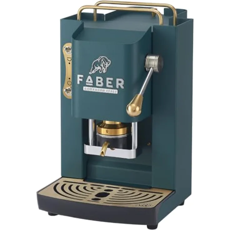 Faber Coffee Machines Faber Pro Deluxe 3.0 Kaffeepadmaschine, Messing-Design, ESE Pads, hygienischer Wassertank aus Glas, magnetisch abnehmbare Brühgruppe und Auslauf