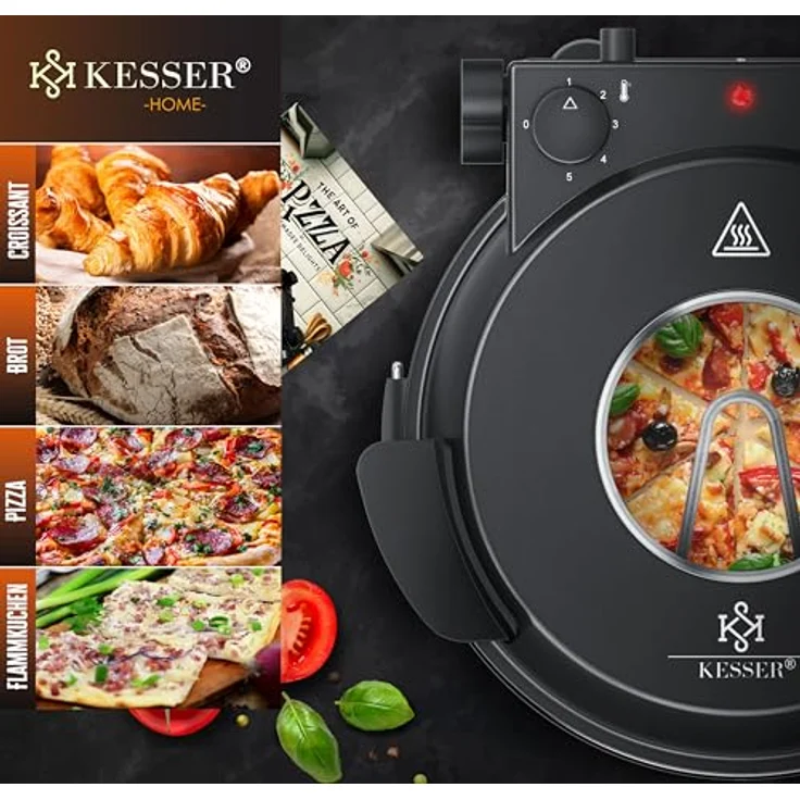 KESSER® Pizza-Ofen elektrisch bis 400 Grad | Elektrischer Pizzabäcker 1200W mit feuerfester Steinplatte & Timer Durchmesser 32cm | 5 Heizstufen & Sichtfenster | inkl. Pizzaschneider & Rezeptbuch – Bild 5