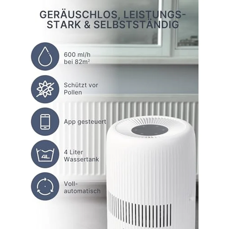 Comedes Umecto 600 Luftbefeuchter für Räume bis 82m², Kaltverdunstung, Tank 4 l, Befeuchtungsleistung bis zu 600 ml/h, 7 Farben Luftfeuchtigkeitsindikator, Automatikmodus, Smart-Home fähig – Bild 3