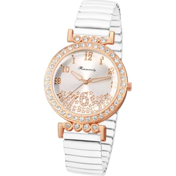 JewelryWe Damenuhr Elastisch, Analog Quarz mit Zirkonia, Edelstahl Stretch-Armband, Weiß, Lässige Armbanduhr mit leicht ablesbarer Digitalskala – Bild 1