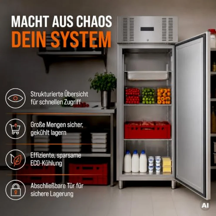 GastroHero Kühlschrank ECO 650 GN 2/1, 605 Liter Volumen, Edelstahl, abschließbar, 3 höhenverstellbare Böden, Touchscreen-Steuerung, Energieklasse A – Bild 3
