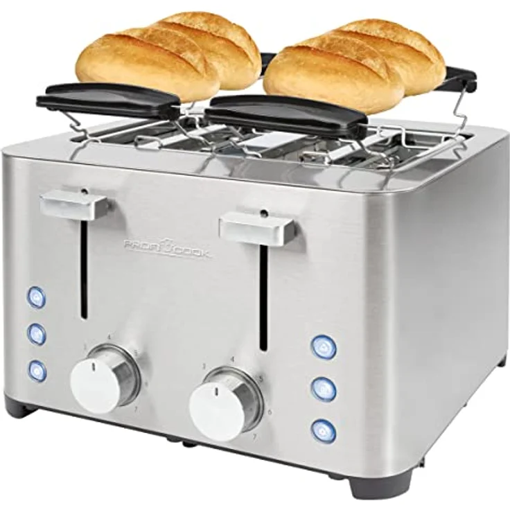 ProfiCook Toaster, Toaster 4 Scheiben, mit 2 getrennten Bedienelementen, Auftau-, Aufwärm-/ Schnellstoppfunktion, Toaster mit Brötchenaufsatz, Toaster Edelstahl, PC-TA 1252 – Bild 1