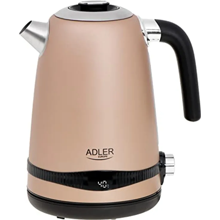 JUNG ADLER AD1295G Wasserkocher mit Temperatureinstellung (40-100°C) Digital Gold, 2200W, Edelstahl, 1,7 Liter, LCD Display, 360° Basis, BPA- Frei