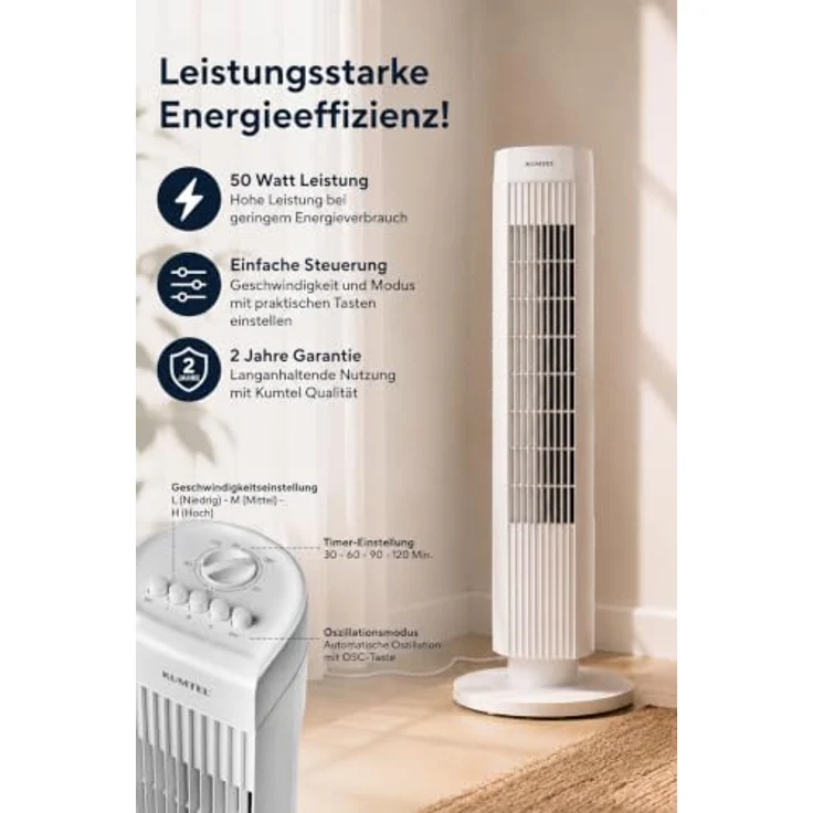KUMTEL KTF-258W Standventilator, 70 cm Durchmesser, 60° Oszillation, 3 Geschwindigkeitsstufen, 2-Stunden-Timer, maximale Höhe 71 cm, weiß – Bild 8