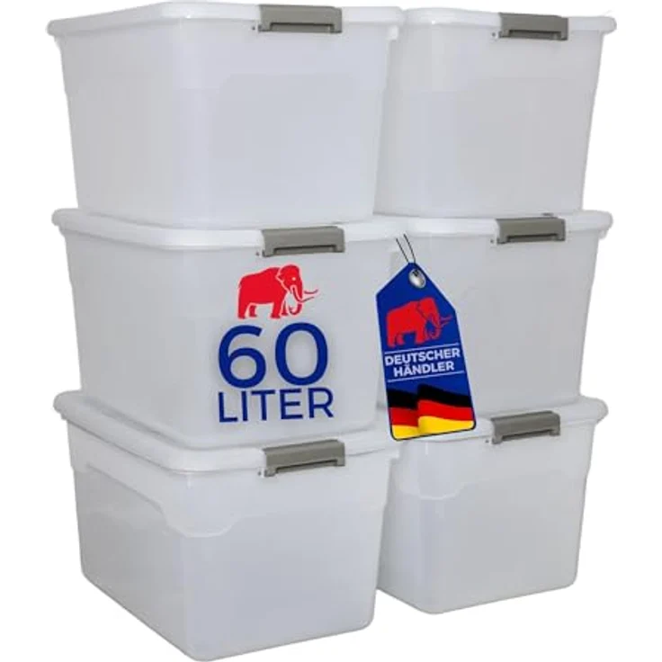 PROREGAL Aufbewahrungsbox mit Deckel 60L, 6er Set, extra groß, stapelbar, mit Rollen und Verschlussclips, transparente Kunststoffbox für Küche und Haushalt – Bild 1