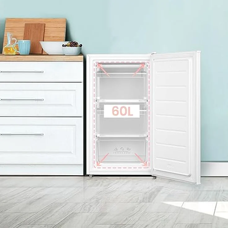 COMFEE' RCU60WH2(E) 60L Gefrierschrank senkrecht mit Schubladen, 3x Gefrierschublade, Eintür, einstellbare Temperatur, umkehrbare Tür, leise, Freistehend, Weiß – Bild 2